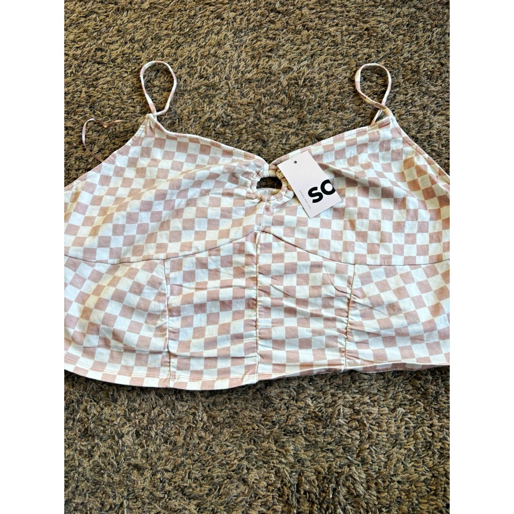 SO Checkered Crop Top Beige/White Adjustable Straps Women's XXL NWT